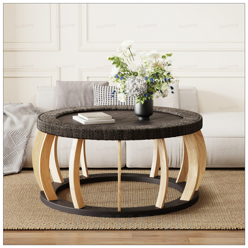 Table basse ronde vintage en bois massif de rotin, pieds boho courbés pour la salle à manger et le salon, brun