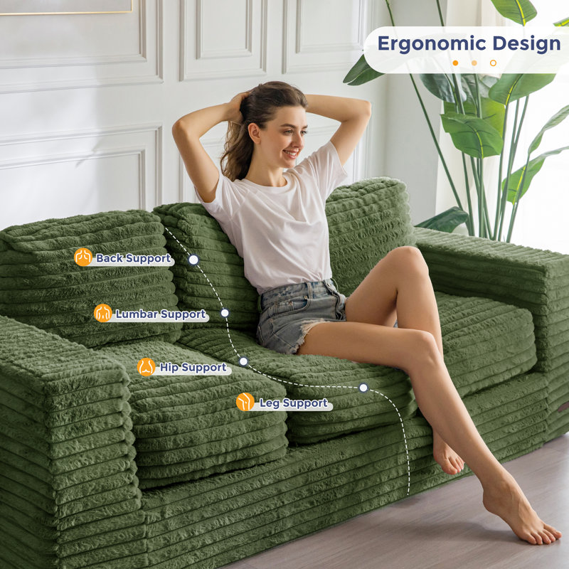 75" Green Bean Bag Sofa Faux Fur Upholstered 3-seater Floor Sofa With Pillows, Green Faux Leather