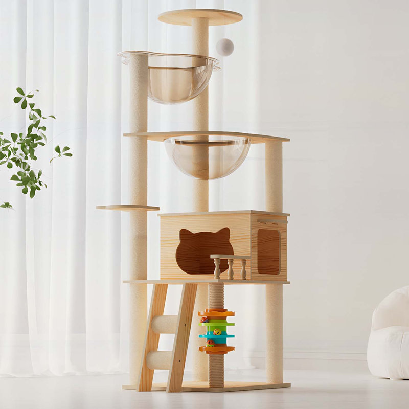 Tour à chat 59 po en bois moderne avec poteaux à griffer en sisal, perchoir supérieur et hamac en acrylique pour chats d'intérieur de toutes tailles
