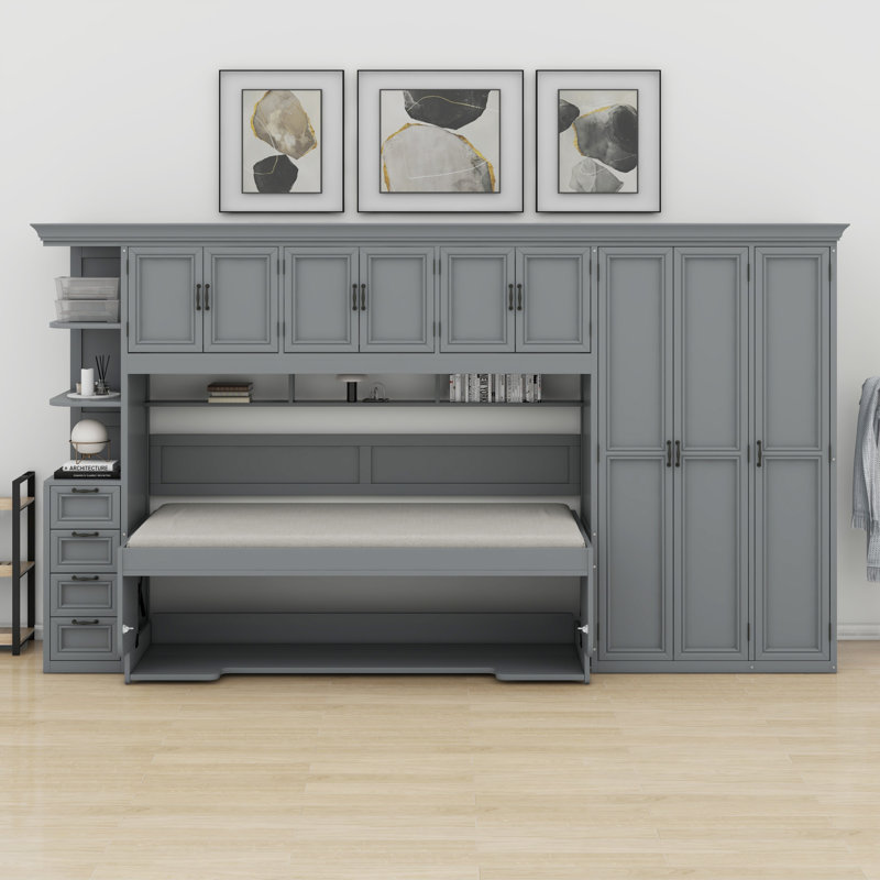 Lit escamotable mural avec garde-robe, armoire et bureau Murphy, Gris