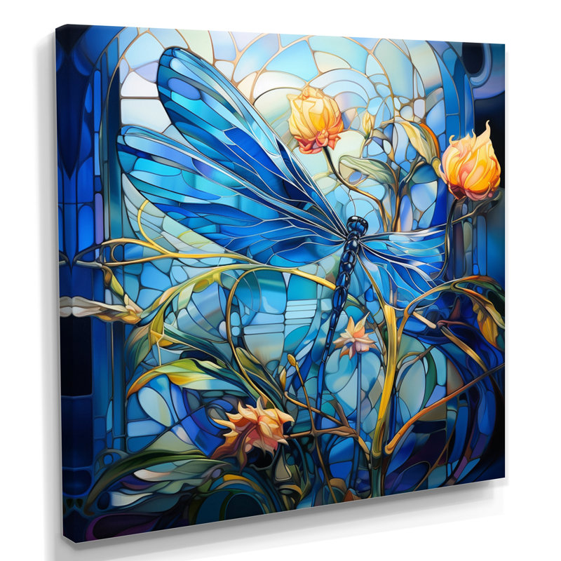 Libellule bleue, fleurs jaunes - Libellule, art mural, Toile tendue, H 30 po x l 30 po