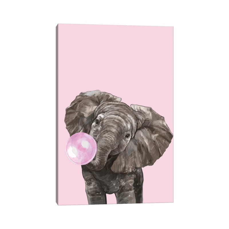 Bubble Gum Elephant In Pink by Big Nose Work - Wrapped Canvas Print