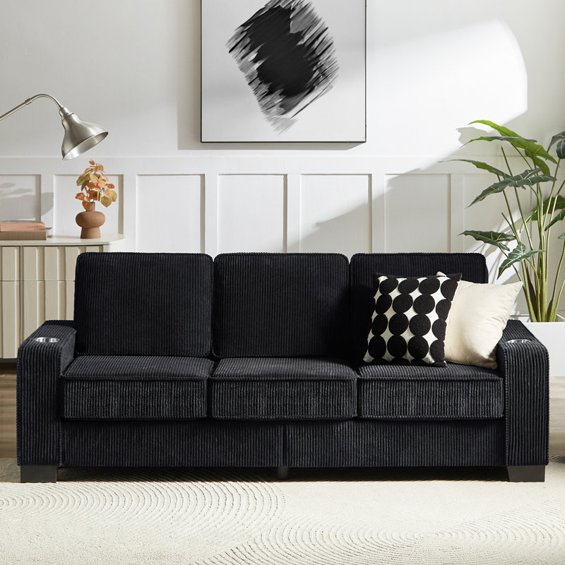 83,86 po pour chambre à coucher, bureau, salon - 3 canapé moderne compressé avec porte-gobelets, velours côtelé, bureau noir