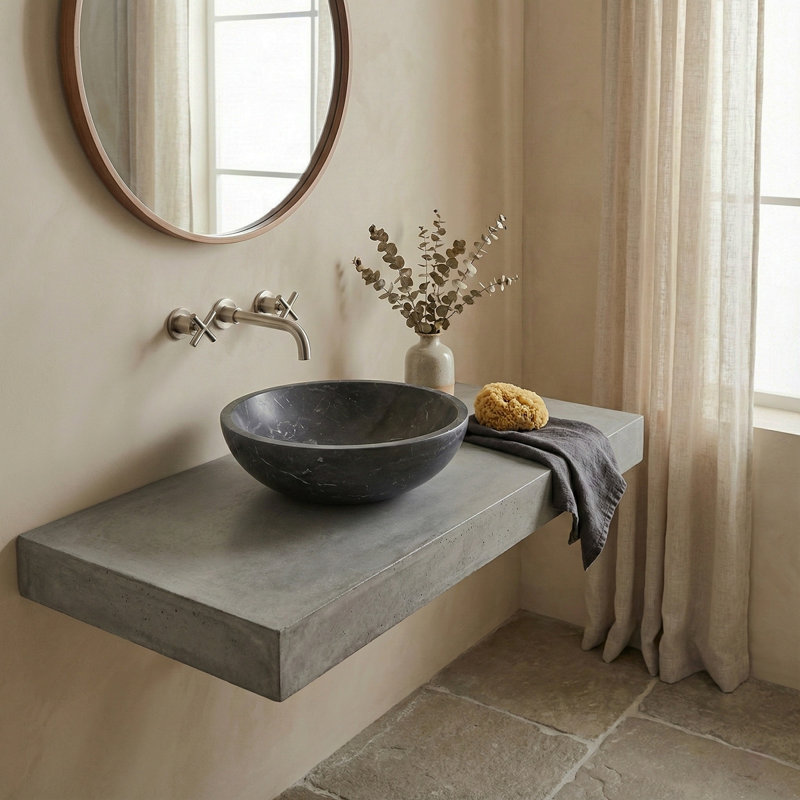 Lavabo vasque de luxe en marbre naturel gris foncé, lavabo rond en pierre matte de 15,8 po, meuble-lavabo une pièce massif sculpté, meuble-lavabo sur comptoir, cuve pour salle de bain et spa (40 cm x 15 cm)