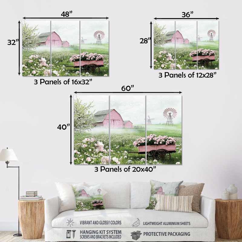 Paysage de ferme dans des tons de rose et de vert I - ensemble d'art mural de ferme, Métal métal, H 40 po x l 60 po x P 1 po