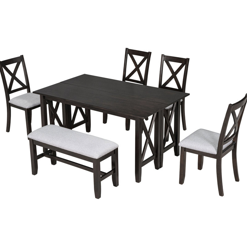 6 Combinaison de salle à manger - Table pliante en bois massif et chaise avec mobilier fonctionnel en couleur. Table, banc 4 chaises. Offre spacieuse pour 6 personnes. Détails en X Installation sans effort. Élevé