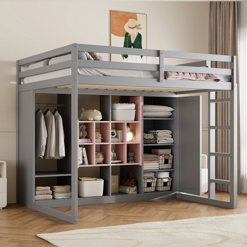 Wood Loft Bed With Wardrobe, Pink/Gray, Full