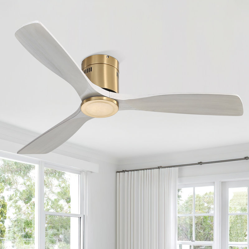 Ventilateur de plafond 3 pales Nicola, Finition dorée avec pales gris clair