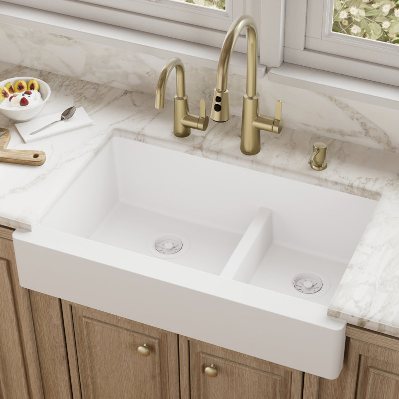 Karran Retrofit Farmhouse/Apron-Front Quartz Composite 34'' X 21-1/4'' 60/40 Double Bowl Kitchen Sink, Matte White
