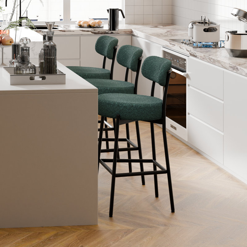 Emmorie Modern Counter Height Bar Stools , 28 Inch Upholstered Barstools with Curved Open Back & Round Seat, Plush Bouclé Fabric Bar Chairs for Kitchen Island, Dining Counter & Home Bar, Comfortable & Stylish (Set of 4)