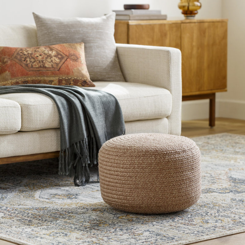 Upholstered Pouf, Off White Polyester Blend