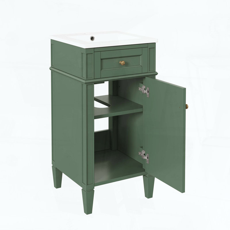 Meuble-lavabo sur pied avec lavabo en céramique, porte à fermeture amortie et pieds en bois massif, style français, vert