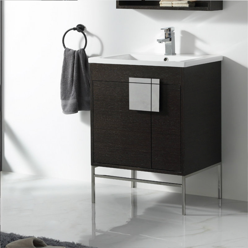Ensemble de meuble-lavabo simple 24 po Maisie, Chrome poli, Chêne noir à grain droit