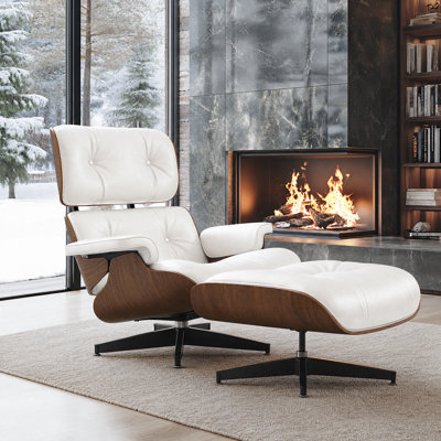 Mid Century Genuine Leather Recliner Lounge Chair with Ottoman and Solid Wood Frame for Living Room, Study Room, Guest Room