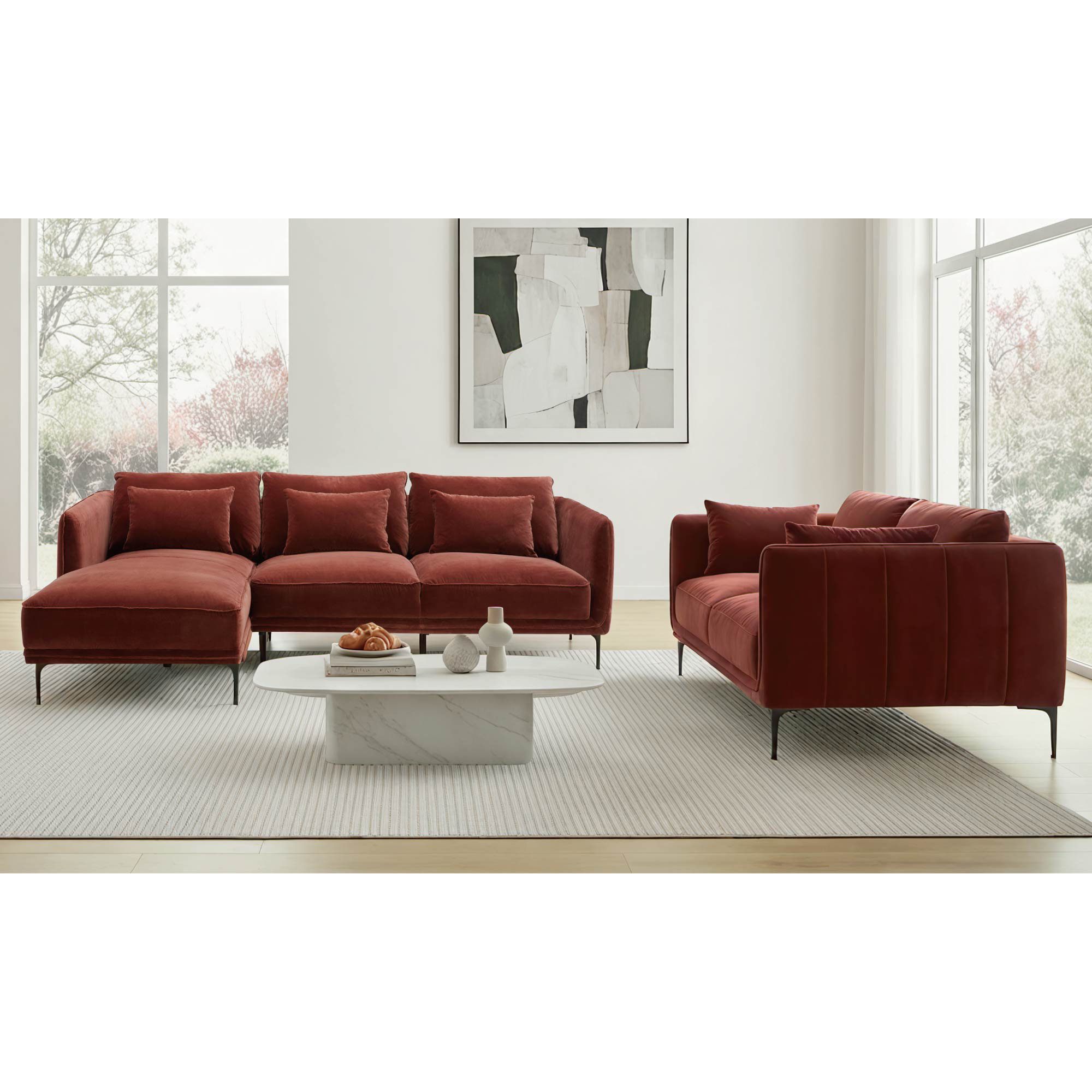 Rae 3 Piece Upholstered Living Room Set, Falkirk Reddish Brown, Left Hand Facing