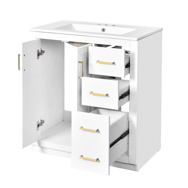 Meuble-lavabo de 30 po avec lavabo en céramique, structure en bois massif, charnières à fermeture en douceur, 3 tiroirs, rangement spacieux, motif de rainure unique, glissière de tiroir lisse, planches de style rétro, portes, rangement pour