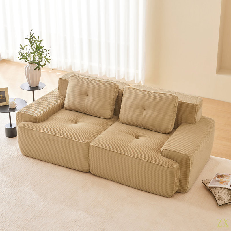 Canapé modulaire en L de 82 po pour salon modulaire en tissu velours côtelé de 82 po avec assise profonde, passepoil perlé, conception capitonnée, sans assemblage, conception antidérapante