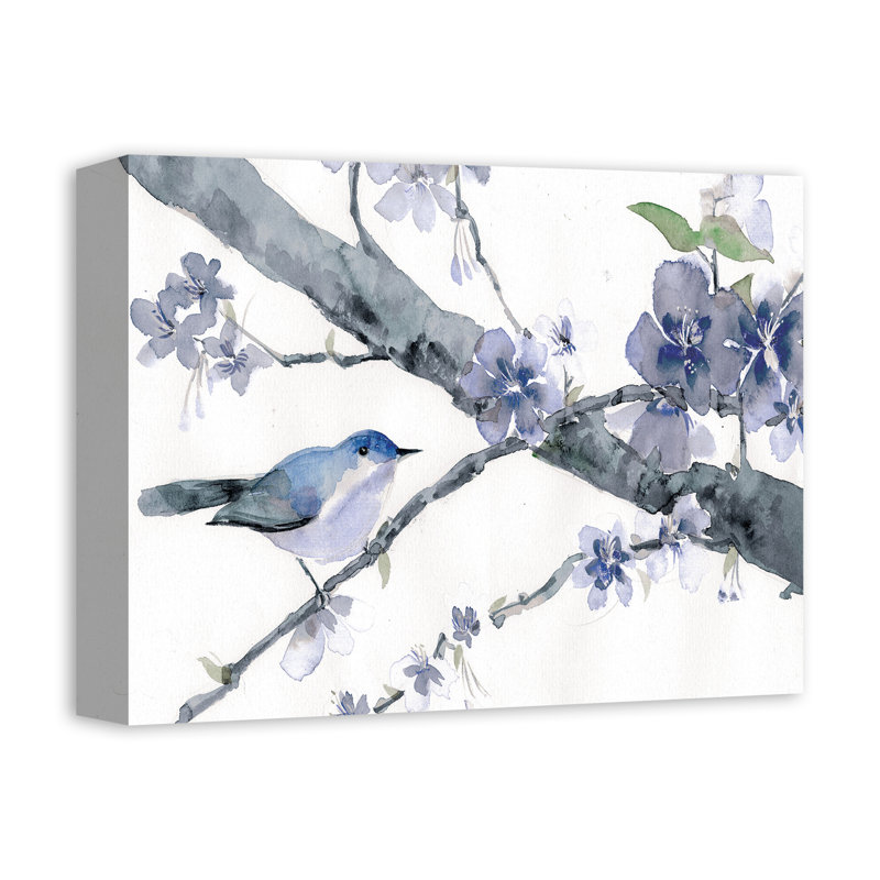 Fleurs de cerisier et oiseaux sur toile, H 11 po x l 14 po x P 1,25 po
