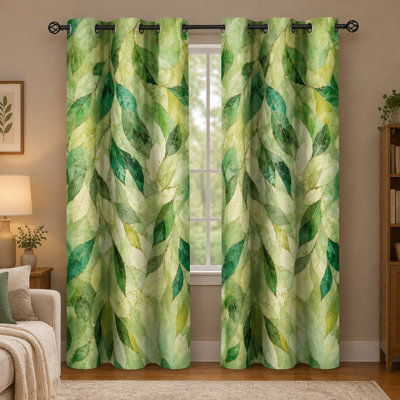 Ensemble de 2 rideaux occultants à œillets, motif feuillage botanique, vert aquarelle, réduction du bruit et protection de l'intimité, décoration esthétique pour chambre, salon, cuisine et intérieur.