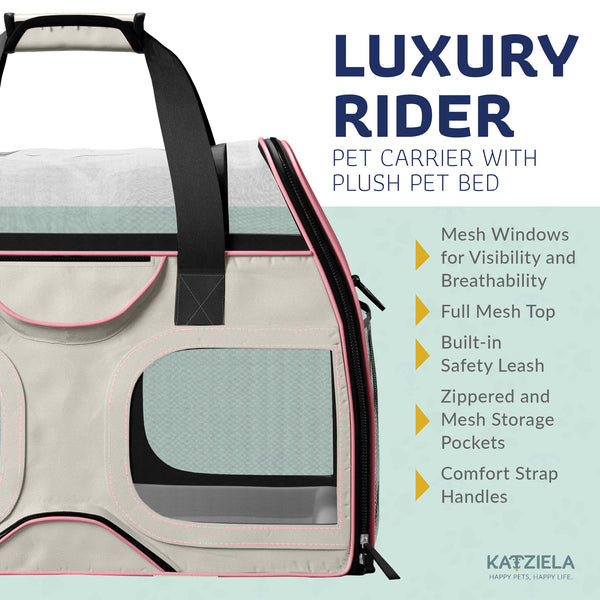 White and Pink Soft-Sided Rolling Pet Carrier with Telescopic Handle