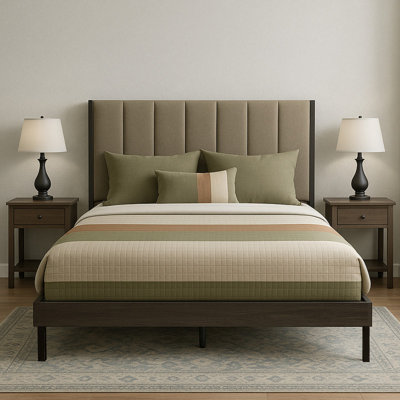 Brown Fabric Upholstered Queen Bed with Weathered Gray Wood Frame by Latitude Run
