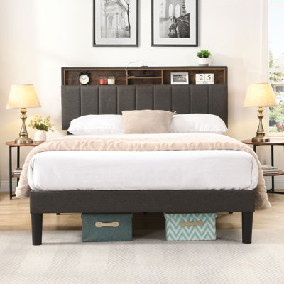 Upholstered Platform Bed with Storage Headboard & USB Charging Port, Linen Bed Frame with Shelving, No Box Spring Required, Queen