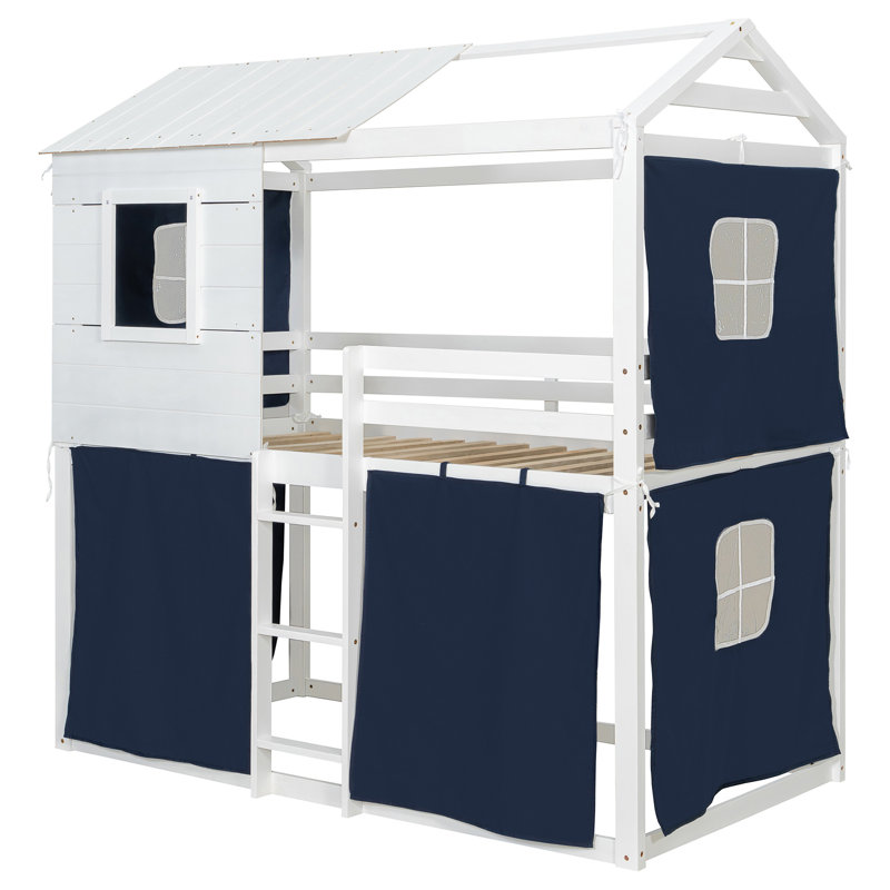 Lit superposé simple avec tente bleue et blanche, inspiré d'une maison dans les arbres pour une chambre à coucher amusante, bois de pin massif et fabrication, support de matelas à lattes, élément additionnel