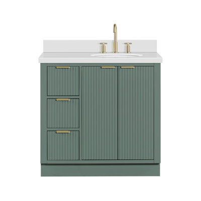 Meuble-lavabo simple en bois massif de 36 po avec plateau en quartz blanc de 1,5 po Haun