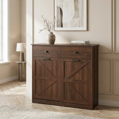 13" W Barn Door Farmhouse Double Tilt-Out Trash Cabinet with Two Drawers Bins Not Included