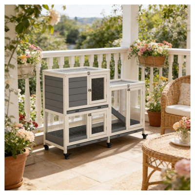 Portable Wooden Rabbit Hutch with Locking Casters, Grey and White