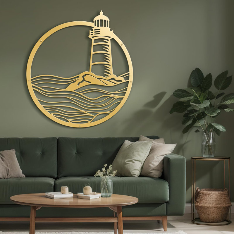 Sea Lighthouse Minimalist Modern Abstract Wall Accent Sculpture Hanging Decoration Metal Wall Decor, Gold