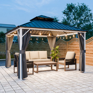 Pavillon de jardin en aluminium 12 x 12 pi avec toit en acier à double couche, pavillon de jardin extérieur avec moustiquaire, rideaux d'intimité et crochets de plafond