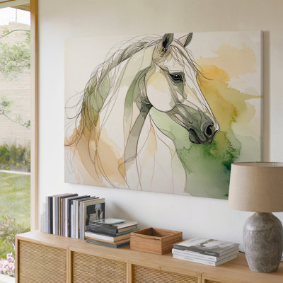 Wall Art minimaliste, tête de cheval, dessin au trait avec aquarelle, toile de lavage prête à être suspendue, galerie, décoration moderne