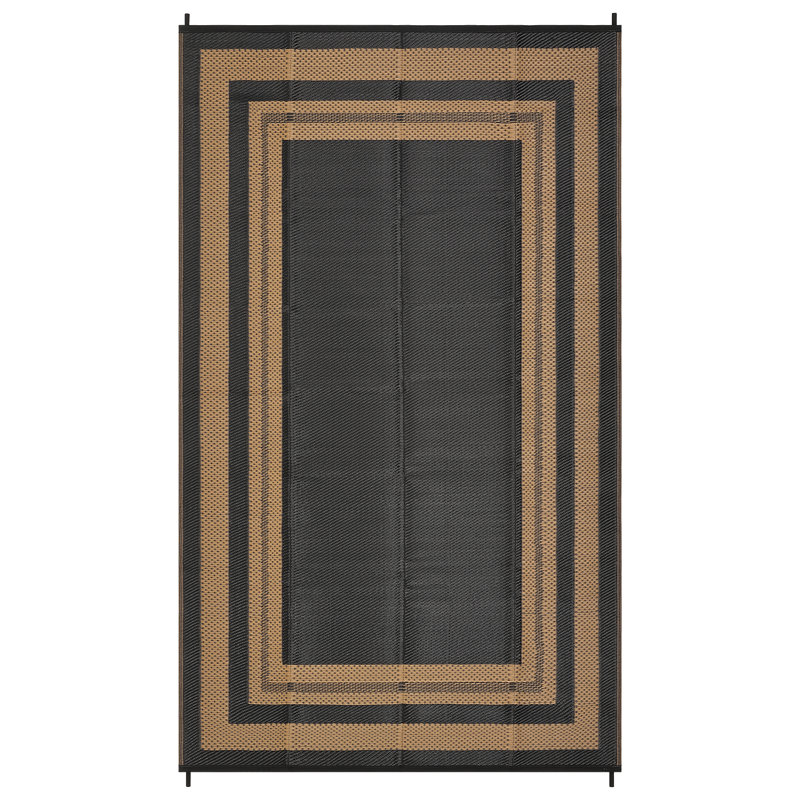 Waterproof Reversible Outdoor Rug 9x12ft - Plastic Straw Patio Carpet, Modern Geometric Black/Brown Area Mat - Easy Clean, Collapsible, Lightweight for RV, Porch, Backyard, Deck, Camping, Beach, USA Specification