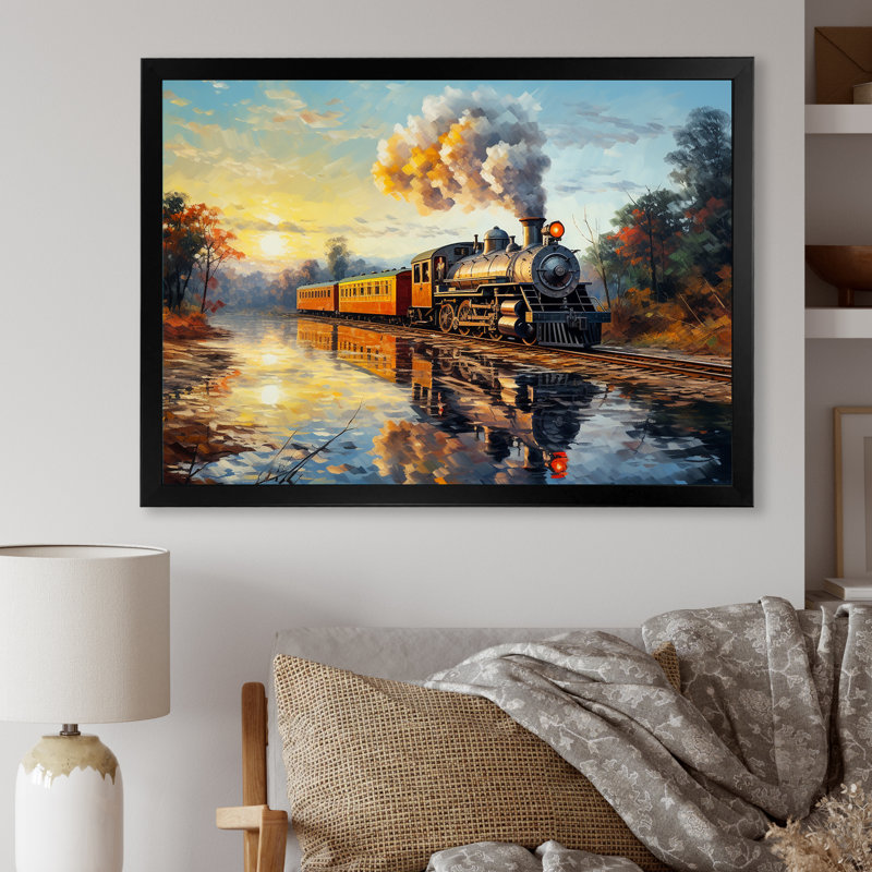 Peinture d'un train à vapeur au coucher du soleil, H 24 po x l 32 po x P 1 po, Cadre simple noir