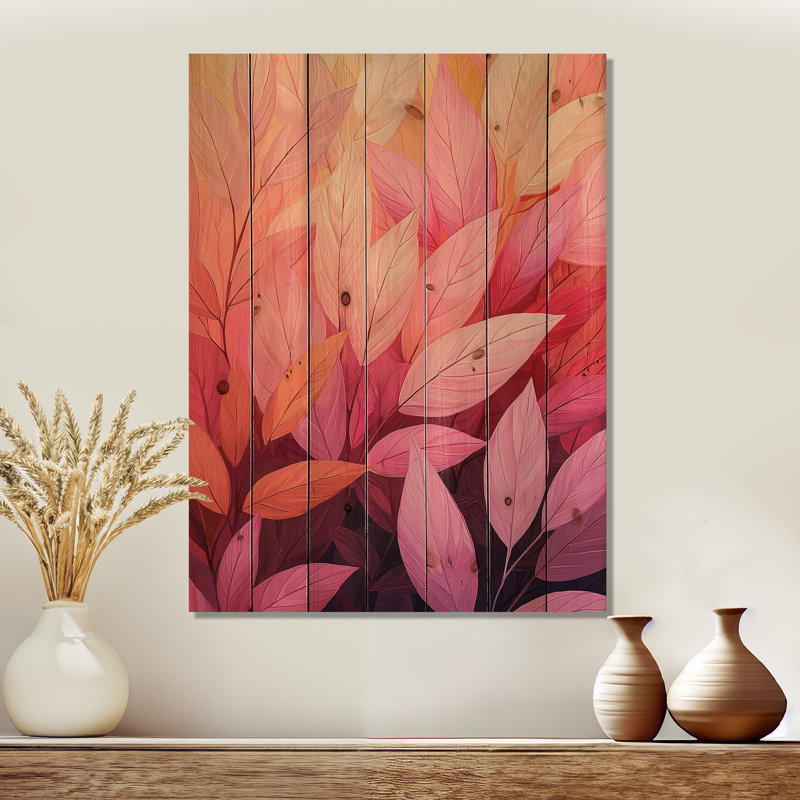 Corail, feuilles, danse de la forêt II - feuilles, art mural sur bois de pin naturel, H 44 po x l 34 po x P 0,78 po