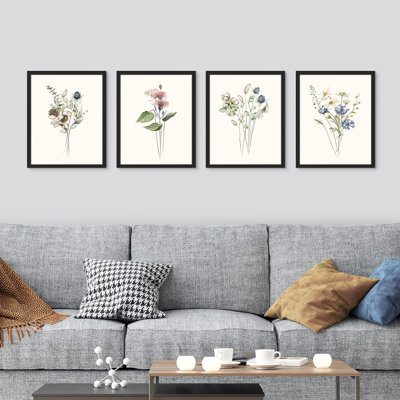 «Minimal Botanical» IDÉE4WALL, art mural encadré de fleurs sauvages encadrées, ensemble de 4 impressions florales botaniques, décor de nature sauvage pour le salon, impression encadrée de chambre à coucher, 4 pièces