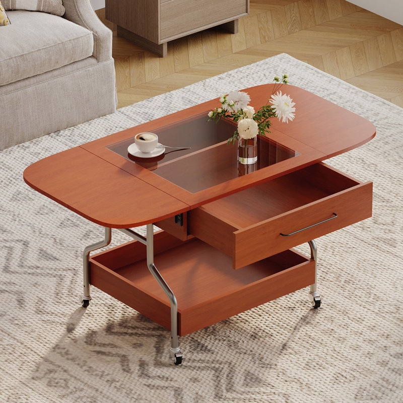Table basse moderne et fonctionnelle avec roulettes, conception pliante et amplement de rangement pour un salon polyvalent