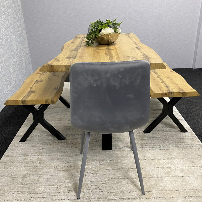 Wooden Brown Dining Table with 2 Benches and Grey Velvet Chairs