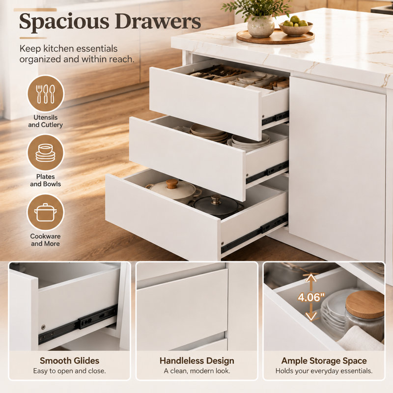 50" Modern Kitchen Islands With Storage, White