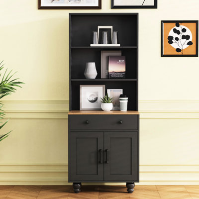 Armoire de rangement moderne, bibliothèque à 5 niveaux avec tiroir, finition noire, pieds en bois massif, idéal pour le salon à grande armoire, noir