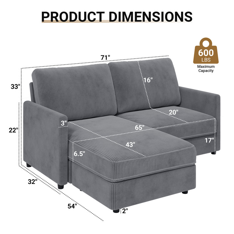 Modern Corduroy 2 Seater Sofa with Ottoman, Dark Grey Corduroy