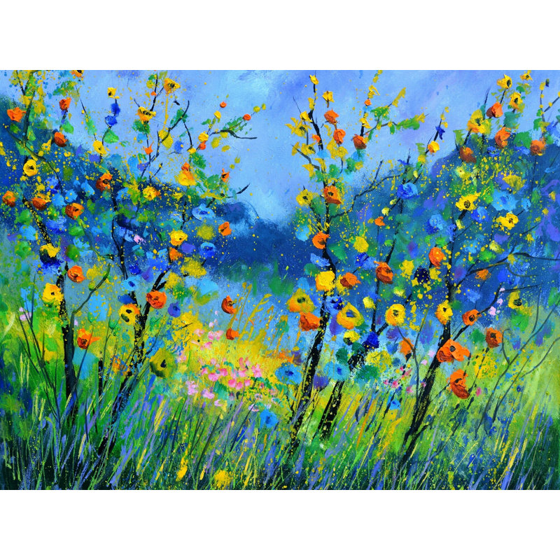 Summer Flowers 77 Print by Pol Ledent, Black Framed Canvas, 25" H x 33" W