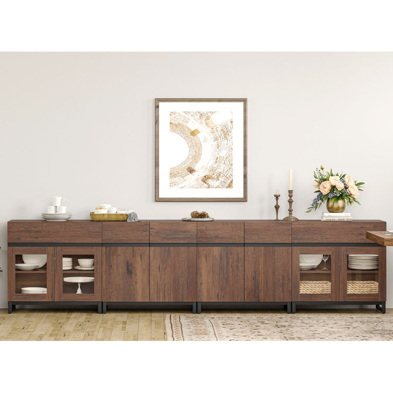 4 In 1 Sideboard Buffet Cabinets With Glass Doors And 2 Drawers, Modern Sideboard Credenza With Adjustable Shelf And Metal Base, Coffee Bar Cabinet Storage Cabinet For Living Room, Kitchen