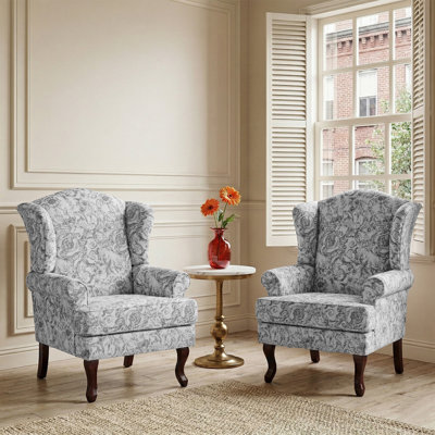 Duward Upholstered Rococo Light Gray Chenille Wingback Accent Chair with Rolled Arm and Solid Wood Leg (Set of 2)