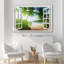 Fenêtre, paysage, palmiers verts tropicaux sur la plage, images côtières, impression sur toile-98466525