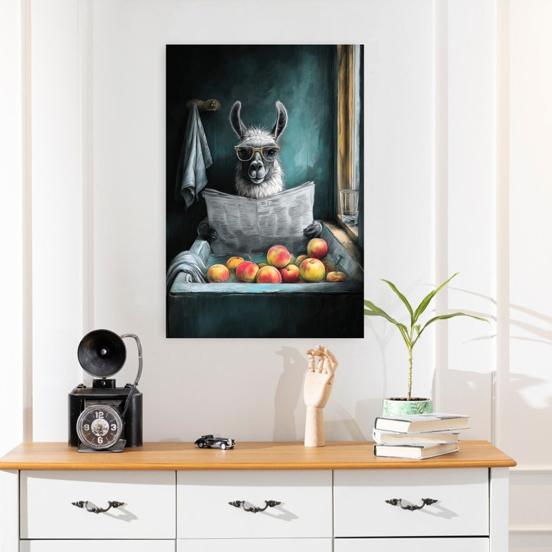 Lama In Bathtube 2 1 Piece Wrapped Canvas Wall Art, 60.96 cm H x 40.64 cm W