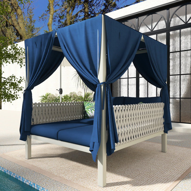 57.5" Outdoor Patio Daybed With Curtains, Blue
