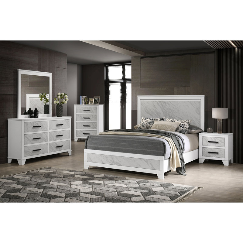Grand lit contemporain blanc: tête de lit à panneau en faux marbre, mobilier de chambre à coucher élégant