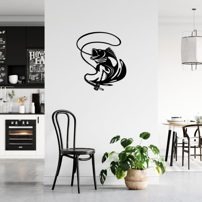 Art mural en métal sautant le doré jaune - pêche à la faune - silhouette de poisson doré, Noir, H 36 po x l 30 po x P 0,12 po